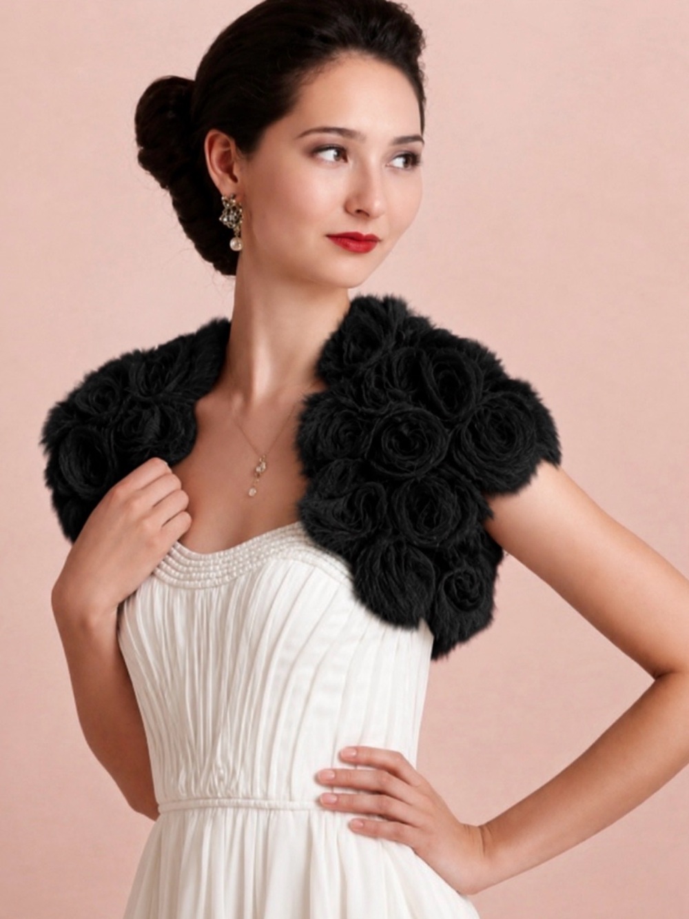 BHLDN Harrison Morgan Black Rosette Shrug with Satin Lining